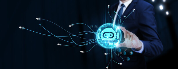 Chatbots: Businessman Touching Digital Global Network of Chatbot Data Exchange. Seamless...