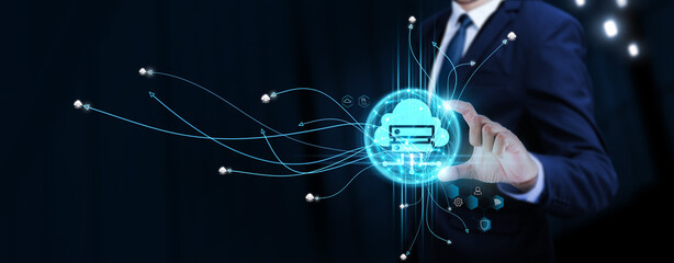 Cloud Computing: Businessman Touching Digital Global Network of Cloud Data Exchange. Seamless...