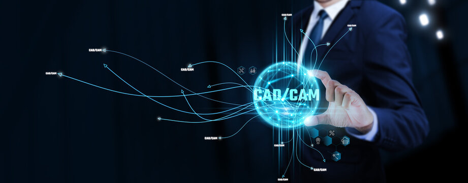 CAD/CAM: Businessman Touching Digital Global Network of CAD/CAM Data Exchange. Seamless Integration on Social Network Connection with Hologram Modern Interface, Advanced Manufacturing Solutions