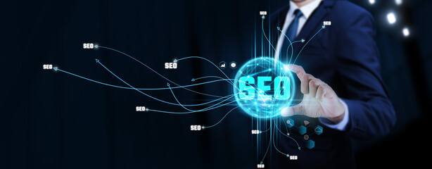 SEO: Businessman Touching Digital Global Network of Search Engine Optimized Data Exchange....