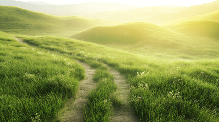 Green grass hills with a trail - 750910716
