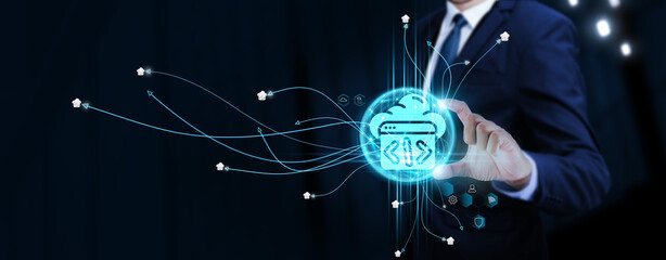 Software Development: Businessman Touching Digital Global Network of Software Data Exchange. Seamless Integration on Social Network Connection with Hologram Modern Interface, Advancing Technology.