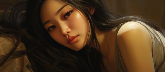 An Asian woman is depicted laying on a bed, tenderly caressing her own beautiful face in a serene moment of reflection and intimacy.