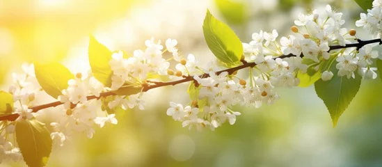 Keuken spatwand met foto A branch of a blooming bird cherry tree in a sunny garden, showcasing white flowers and vibrant green leaves. The background is blurred, emphasizing the delicate beauty of the blossoms. © pngking