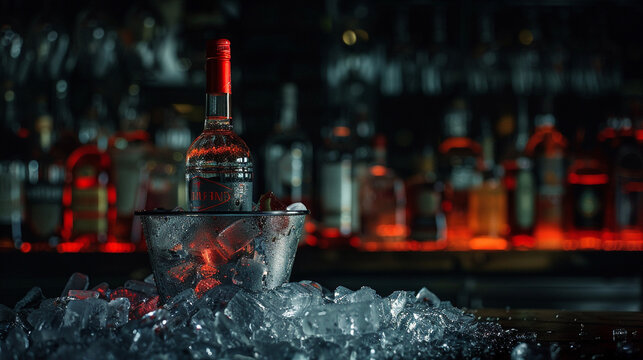 Against a backdrop of darkness, a bucket of ice holds a chilled bottle of vodka, its crystal-clear glass catching the faint light, promising refreshment and indulgence.