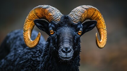 a close up of a ram's head with very large, curled, horn like horns on it's head.
