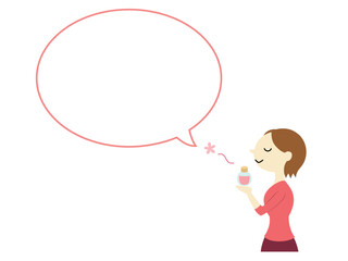 香水の香りを楽しむショートヘアの女性　吹き出し付　主線なし