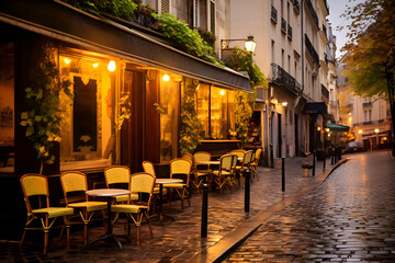 romantic atmosphere of a European cafe, cobblestone street