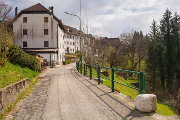 Historic stone houses in the mountain village of Mieli near Comeglians in Carnia, Friuli-Venezia Giulia, north east Italy