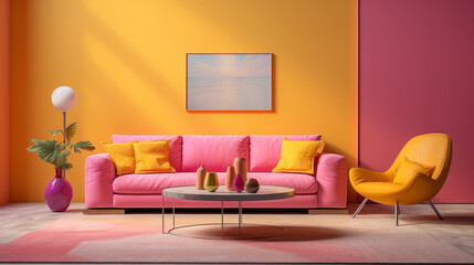 A modern living room with a vibrant pink and yellow color blocking pattern on the walls