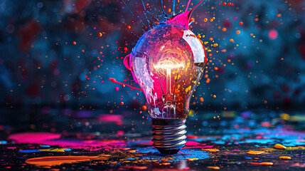 Business culture concept of Diversity, inclusion, equality, honesty, belonging, lgbtq, shown by different colors of paint splashes in a glass bulb, new ideas splashing