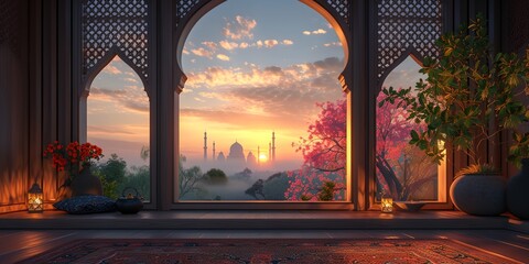 Beautiful arabic window, mosque interior - obrazy, fototapety, plakaty