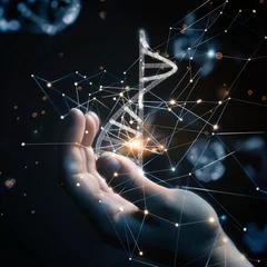 Fotobehang A futuristic representation of a human hand interacting with a glowing DNA helix structure amid a network of bioinformatics and molecular biology © Krystian