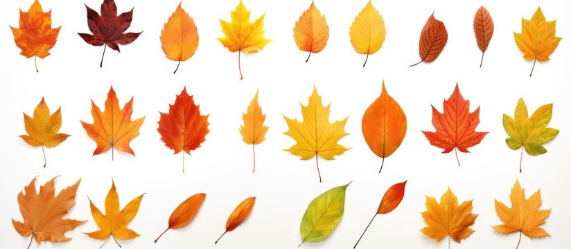 A collection of various colored autumn leaves, including red, yellow, orange, and brown, are scattered on a clean white background. The leaves are of different shapes and sizes, showcasing the