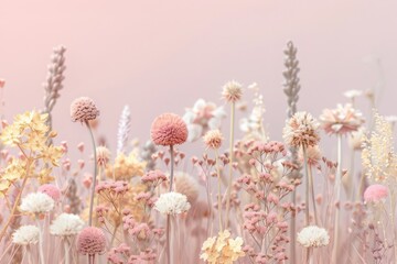 Pink flowers in front of a muted pastel backdrop. Floral spring background with copy space. 