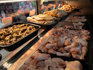chicken meat in the market window