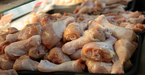 chicken meat in the market window