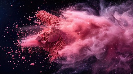 Macro shot of powder blush explosion on a dark background