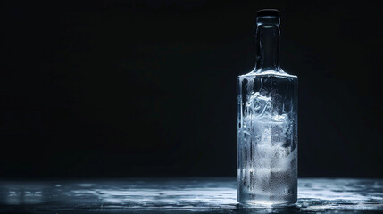 Against the darkness, a bottle of vodka emerges frosty and cold from the freezer, its icy exterior illuminated by neon lights against a sleek black background, promising refreshment and indulgence. - obrazy, fototapety, plakaty
