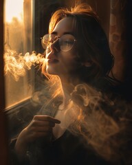 Portrait of a young beautiful girl smoking a cigarette or vaping. Exhaling smoke.