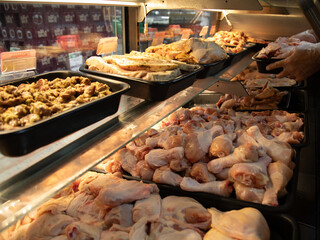 chicken meat in the market window