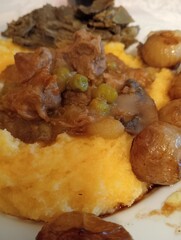 typical northern Italian dish with meat stew, polenta, cheese, peas, artichokes and spring onions