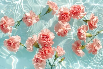 Spring or summer floral background. Soft beautiful carnation flowers in a pool. Flat lay arrangement. 
