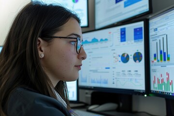 Delve into the world of data analysis with a female analyst, deeply engaged in scrutinizing a plethora of data visualizations and graphs displayed across multiple computer screens