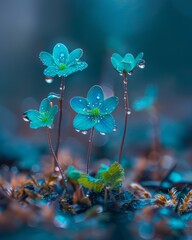 Beautiful small forest turquoise flowers with dew drops and blurred background. Close up image. Nature, spring, beauty. Floral backdrop. 