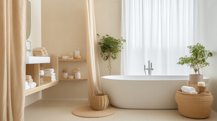 Przytulna jasna łazienka w stylu boho - odcienie beżu i brązu. Rośliny, tekstylia i drewniane meble. Render 3d.