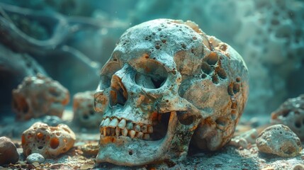 a close up of a skull on the ground with rocks in the foreground and a tree in the background.