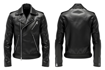 Front and back view of a midnight black leather jacket template. With zippers and a biker style, mockups for design and print, isolated on a white or transparent background.
