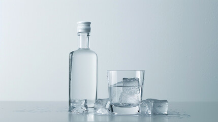 Against the purity of a white background, a shot glass filled with ice and a bottle of vodka stand ready to deliver a crisp and invigorating drink, promising a moment of cool refreshment.