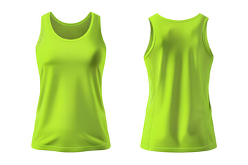 Front and back view of a neon green sports tank template. Moisture-wicking fabric, mockups for design and print, isolated on a white or transparent background.