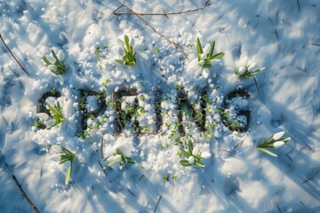 Spring in the forest. Word "spring" written in melting snow with snowdrop flowers. Top view.
