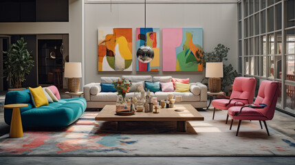 A modern living room with bright pops of blue, yellow, and pink scattered across the furniture
