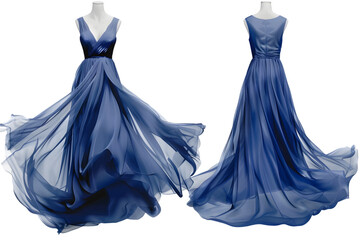 Front and back view of a royal blue maxi dress template. Elegant and sleeveless, mockups for design and print, isolated on a white or transparent background. 