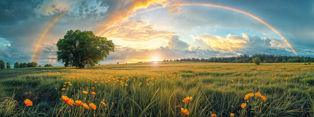 Panoramic view of a vibrant rainbow over a poppy field at sunset - obrazy, fototapety, plakaty