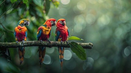 Trio of scarlet macaws on branch in rainforest - obrazy, fototapety, plakaty