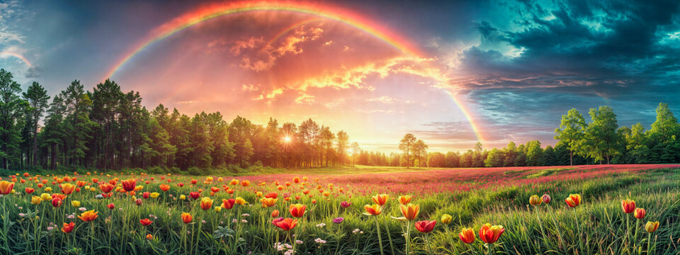 Panoramic view of a vibrant rainbow arching over a colorful field of flowers during a picturesque sunset