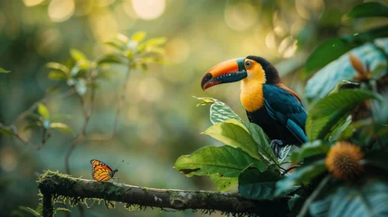 Rolgordijnen Vibrant toucan shares a peaceful moment with a monarch butterfly in a lush jungle setting © bluebeat76