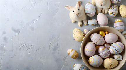 Easter bunny next to a bowl with painted eggs , seen from above on a gray background with space to write