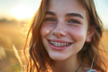 Portrait of a happy smiling caucasian girl with healthy teeth with metal braces. Close up. Copy space. High quality photo