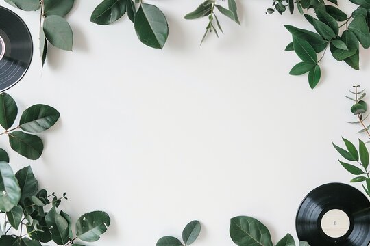 white backdrop featuring a charming botanical border reminiscent of the 1930s, embellished by delicate vinyl record illustrations adorning the border's perimeter, ideal for retro-inspired design