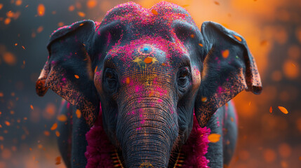 Elephant with Holi powder is celebrating Holi holiday. Selective focus. Copy space. 