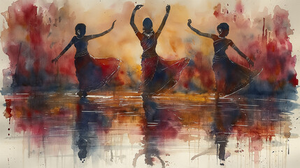 Three Indian women in national dresses are dancing on colourful background. Indian culture concept. Watercolour illustration. Selective focus. Copy space.