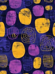 A vibrant design featuring a purple and yellow pattern with overlapping circles creating a visually striking and dynamic composition.