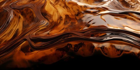 A close-up view captures the molten copper and molasses hues in exquisite detail, showcasing the fluidity and depth of their interaction. - obrazy, fototapety, plakaty