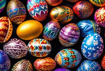 Fototapeta na wymiar illustration, vibrant close photography decorated easter eggs featuring spectrum colors intricate patterns, artistic, backdrop, bright, celebration, colorful