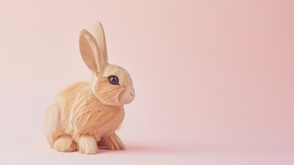 Obraz premium Wooden rabbit figurine on a pink background with lifelike detailing